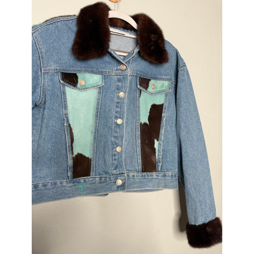 Jacket Happy by Debbie Clemens blue and brown cow hide denim‎ jacket fur lined - Picture 9 of 14
